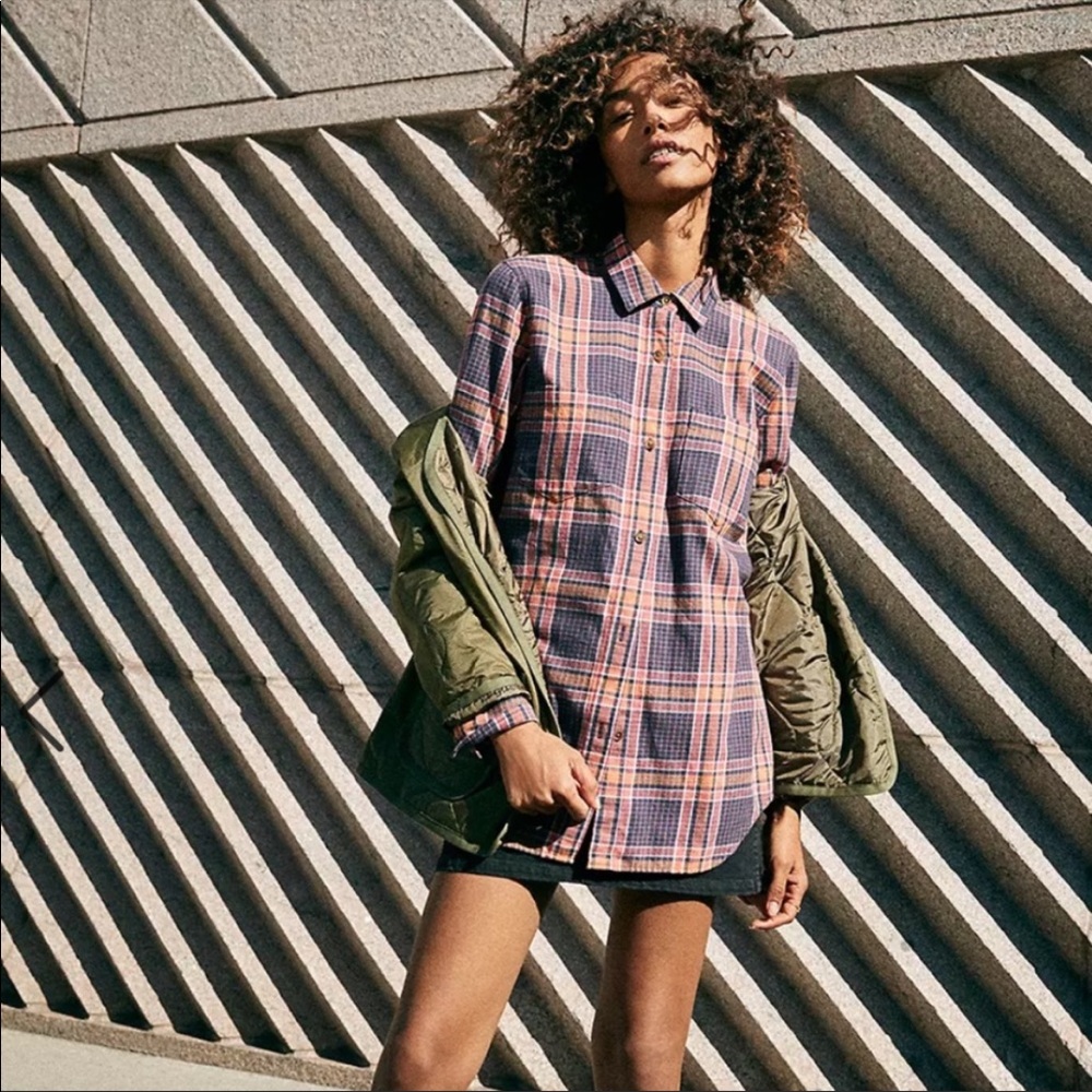 Madewell Pink and Blue Plaid flannel Button-Down Shirt